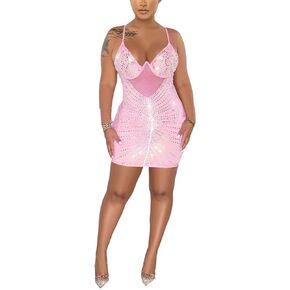 CQWL Women's Sexy Dresses for Clubwear Adjustable Spaghetti Strap Rhinestone Hot Drilling Process Mini Dress