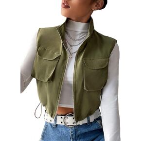 Verdusa Women's Flap Pocket Zip Up Sleeveless Drawstring Crop Vest Jacket