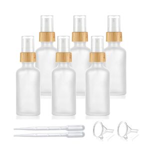6 Pack,50ml/1.7 oz Frosted Glass Fine Mist Atomiser,Empty Thick Glass Perfume Atomizer Spray Pump Bottle with Bamboo Cap Travel Refillable Vial for Liquid Fragrance Cosmetic Container