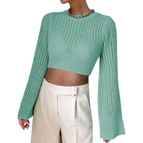 سترة نسائية Langwyqu برقبة دائرية وأكمام طويلة ومتماسكة من Pointelle بلوفر ناعم عتيق قطع علوية قصيرة in Kuwait