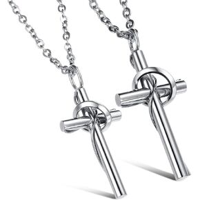 Couple Titanium Stainless Steel Necklace Set "Lingering Love Cross" Love Valentine, Packed with a Gift Box