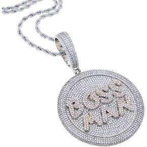 Two Tone Gold Plated Jewelry Geometric Round Shaped Full Micro Pave Boss Man Pendant Necklace Hip Hop Men Boy Cool