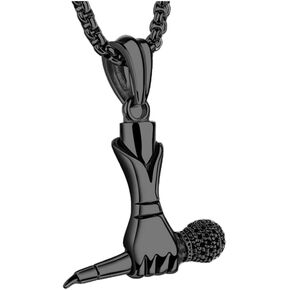 Men's Stainless Steel Singer Microphone Pendant Music Charm Necklace Hip Hop Jewelry Silver/Black