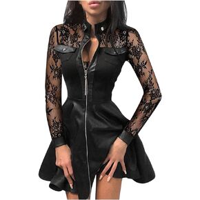 Women’s PU Leather Dress Front Zipper Sheer Sleeve Gothic Cocktail Club Party Flared Dresses Black