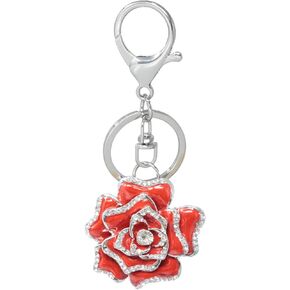 HONBAY 1PCS Rhinestone Red Rose Keychain Sparkling Blossoming Flower Keyring Decoration in A Box for Bag Purse Wallet Handbags Backpack