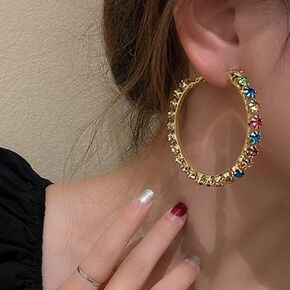 Rhinestone Hoop Earrings Big Round Circle Earrings Colourful Geometry Dangle Earrings Hypoallergenic Stud Earrings for Women Girls