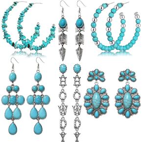 Western Turquoise Earrings Set for Women Hypoallergenic Flower Cross Moon Feather Dangle Earrings geometric Heart Star Vintage Silver Turquoise Studs Western Cowgirl Hat Bull Howdy Yeehaw Turquoise Beads Hoop Earrings Boho Statement Western Country Rodeo 
