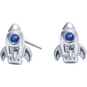 Blue CZ Rocket Stud Earrings for Women Girls 925 Sterling Silver Cubic Zirconia Tiny Cute Spaceship Earring Cartilage Traugs Post Pin Studs Hypoallergenic Jewelry Personalized Gift for Little Girl