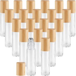 20 Pcs 10ml/0.34oz Roll On Bottles Clear Glass Essential Oil Roller Bottle Refillable Perfume Sample Bottles with Bamboo Lids & Stainless Steel Roller Ball -1 X Opener & 2 X Pipettes