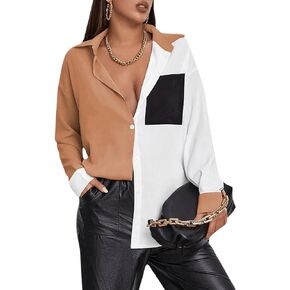 GORGLITTER Women's Color Block Oversized Button Down Blouse V Neck Long Sleeve Collar Shirt Tops