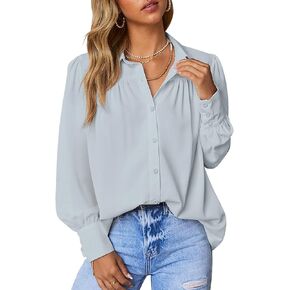 roswear Women’s Long Sleeve Chiffon Balloon Sleeve Work Blouses V Neck Business Casual Puff Sleeve Tops Button Down Shirts