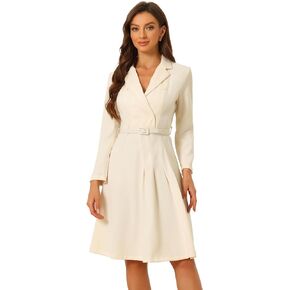 Allegra K Work Dress for Women Elegant Notched Collar Belted Pleated Business Dresses