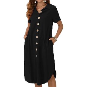 Women's Casual Collar Button Down Short Sleeve Tunic Shirt Dress with Pockets