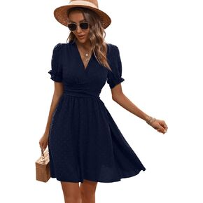 SweatyRocks Women's V Neck Short Puff Sleeve Dress Swiss Dots Ruched A Line Short Dresses