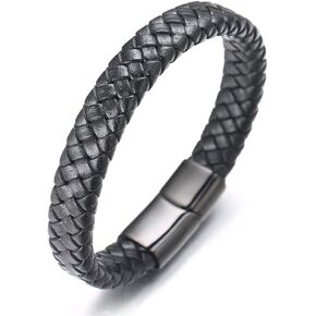 Halukakah ● Solo ● Men's Genuine Black/Brown Leather Bracelet Classic Style Gold/Silver/Black Titanium Clasp with Magnets Size Adjustable 8.5"-9"(21.5-23cm) with Free Giftbox