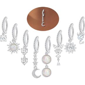 Tornito 8Pcs Fake Belly Ring Clip on Belly Button Rings Stainless Steel Moon Butterfly Devil Opal CZ Evil Eye Snake Dangle Navel Ring Non Piercing Jewelry for Women