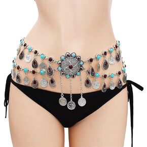 Jumwrit Vintage Bohemia Flower Body Chain Layered Rhinestone Waist Chain Adjustable Acrylic Disc Belly Chain for Women Teens and Girls in Kuwait