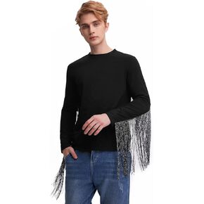 WDIRARA Men's Fringe Trim Long Sleeve Round Neck T Shirt Party Club Tops