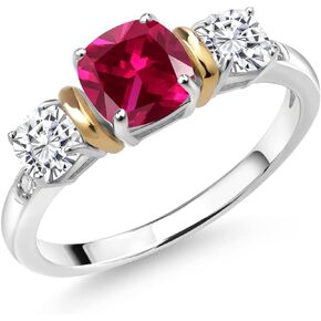 Gem Stone King 925 Silver and 10K Yellow Gold Red Created Ruby White Moissanite and Diamond 3-Stone Women Ring (1.66 Cttw, Cushion 6MM and 4MM, Available In Size 5, 6, 7, 8, 9)