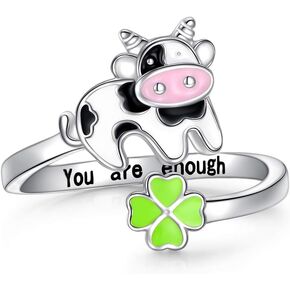 DAOCHONG S925 Sterling Silver Cute Color Cow and Grass Animal Open Ring for Women Sister Daughter