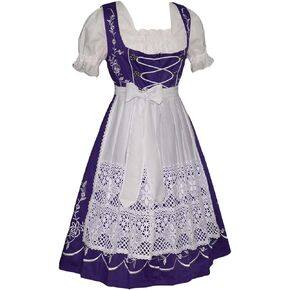3-Pcs Long Midi Mid Calf Purple German Oktoberfest Embroidered Dirndl Dress