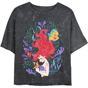 Disney Princess Leafy Ariel Women's Mineral Wash Short Sleeve Crop Tee, Black, XX-Large