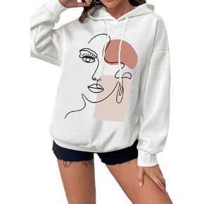 WDIRARA Women's Figure Abstract Graphic Drawstring Hoodie Drop Shoulder Long Sleeve Hooded Sweatshirts