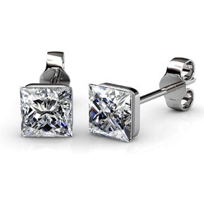 Cate & Chloe Crystal Radiant White Gold Stud Earrings, 18k Gold Plated Studs with Crystals, Stud Earring Set with Princess Cut Solitaire Crystals