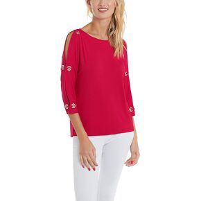 Cable & Gauge Womens 3/4 Dolman Sleeve Boatneck Cold Shoulder Top with Grommet Detail