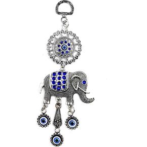 LUCKBOOSTIUM Unique Center Evil Eye Flower Pendant w/Blue Crystal & Elephant Charm - Sign of Strength, Power, Stability & Wisdom - Home & Car Rear View Mirror Hanging Accessories (2.5" x 6.5")