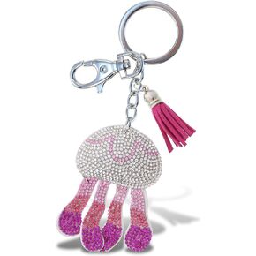 Aqua79 Jellyfish Keychain - Pink Sparkling Rhinestones Charm with Tassel, Fashionable Stylish Polyester PU Sea Life Key Ring Bling Jewelry Accessory with Clasp
