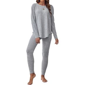 WDIRARA Women's 2 Piece Pajama Set Ribbed Knit Drop Shoulder Long Sleeve Tee and Leggings Set