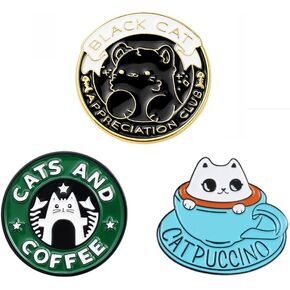 3 PCS Cat Pin Badge Brooch Enamel Gift Jewellery Lover Coffee Books Reading Love Black