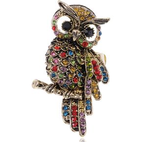 Alilang Womens Stretchy Antique Golden Tone Multicolored Rhinestones Rainbow Owl Bird Ring