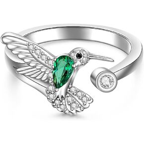 Hummingbird Ring Cute Bird Ring for Women Sterling Silver Mothers Spiritual Animal Emerald Adjustable Rings Hummingbird Gifts for Birthday Mother's Day Size 6 7 8 9 10