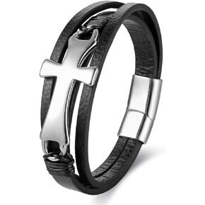 Mens Stainless Steel Mirror Polished Horizontal Sideway Lateral Cross Three-strand Black Leather Bangle Bracelet, Religion Prayer, Elegant Classic