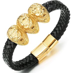 Mens Large Braided Leather Bracelet with Steel Gold Color Three Lion Heads and Black Leather Straps