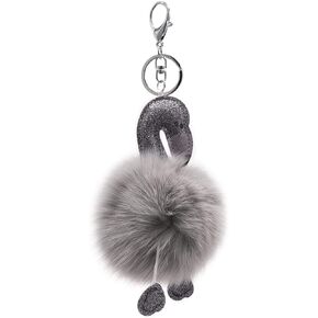 surell - Genuine Fox Fur Flamingo Keychain - Cute Animal Pompom Fob Glitter Accessory Keyring- Sparkly Fluffy Fur Ball