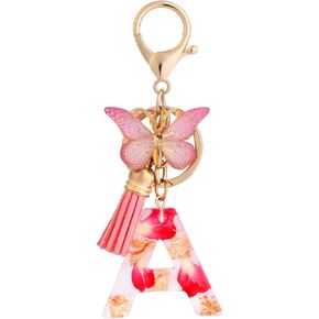 Alphabet Initial Letter Keychain with Butterfly Tassel Pendant, Pink Resin Kawaii Key Ring Petals Charm for Women Girls Purse Bag Handbag Luggage Travel Decoration