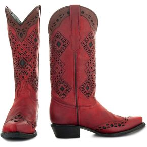 Soto Boots Women's Red and Black Inlay Snip Toe Cowgirl Boots, Inlay Cowgirl Boots For Women, Genuine Leather Handcrafted Fashion Cowboy Boots For Women M50064