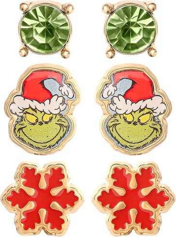 دكتور سوس اقراط للنساء من ذا جرينش، عبوة من 3 قطع - اقراط مرصعة باللون الاحمر والاخضر مع اقراط ذا جرينش - مجوهرات الكريسماس، معدن، متعددة الالوان in Kuwait