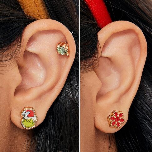 دكتور سوس اقراط للنساء من ذا جرينش، عبوة من 3 قطع - اقراط مرصعة باللون الاحمر والاخضر مع اقراط ذا جرينش - مجوهرات الكريسماس، معدن، متعددة الالوان in Kuwait