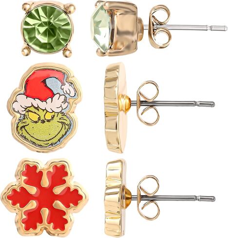 دكتور سوس اقراط للنساء من ذا جرينش، عبوة من 3 قطع - اقراط مرصعة باللون الاحمر والاخضر مع اقراط ذا جرينش - مجوهرات الكريسماس، معدن، متعددة الالوان in Kuwait