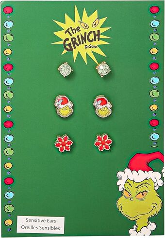 دكتور سوس اقراط للنساء من ذا جرينش، عبوة من 3 قطع - اقراط مرصعة باللون الاحمر والاخضر مع اقراط ذا جرينش - مجوهرات الكريسماس، معدن، متعددة الالوان in Kuwait