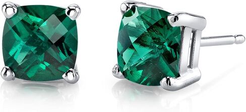 Peora Created Emerald Stud Earrings for Women in 14K White Gold, Classic Solitaire, Cushion Cut 6mm, 1.75 Carats total, Friction Back in Saudi Arabia