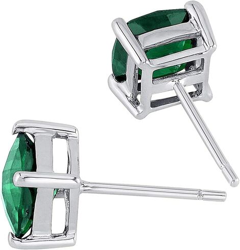 Peora Created Emerald Stud Earrings for Women in 14K White Gold, Classic Solitaire, Cushion Cut 6mm, 1.75 Carats total, Friction Back in Saudi Arabia