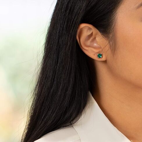 Peora Created Emerald Stud Earrings for Women in 14K White Gold, Classic Solitaire, Cushion Cut 6mm, 1.75 Carats total, Friction Back in Saudi Arabia