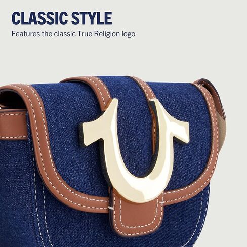 True Religon Women's Crossbody Bag, Denim Mini Flap Adjustable Shoulder Handbag with Horseshoe Logo, Dark Denim, Dark Denim in Kuwait