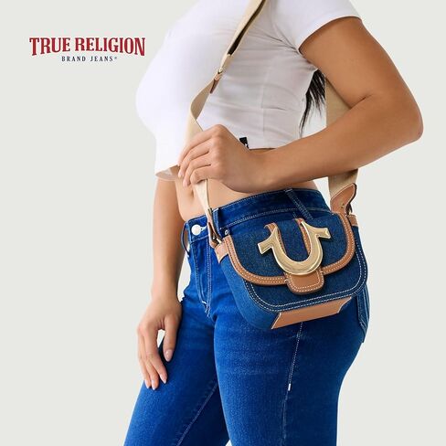 True Religon Women's Crossbody Bag, Denim Mini Flap Adjustable Shoulder Handbag with Horseshoe Logo, Dark Denim, Dark Denim in Kuwait