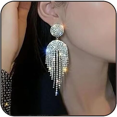 Jeairts Rhinestone Earrings Dangling Silver Clear Chandelier Earrings Crystal Tassel Prom Earrings Sparkly Party Wedding Jewelry for Women and Girls, Rhinestone, Rhinestone in Kuwait